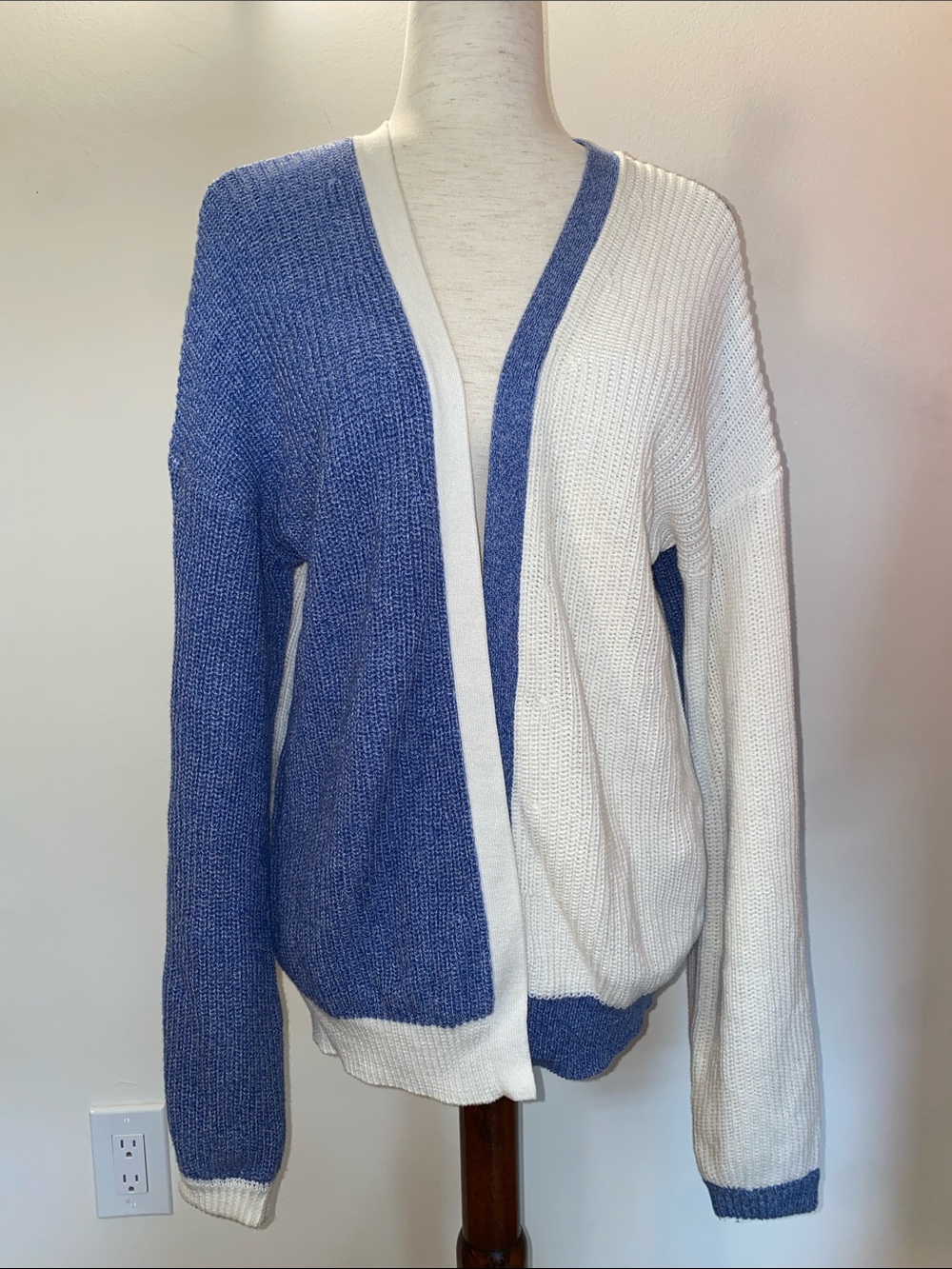 Open-Front Colorblock Blue and White Knit Cardigan